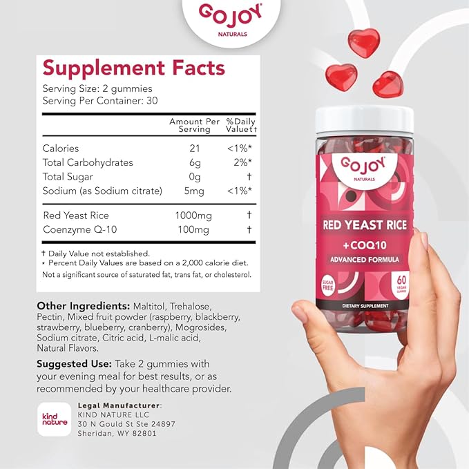 Sugar-Free Red Yeast Rice with CoQ10 Gummies - Cholesterol Supplements with Red Rice Yeast 1000 mg. - Cholesterol Gummies Complex - Vegan, Non-GMO, Gluten-Free & Citrinin-Free Supplement