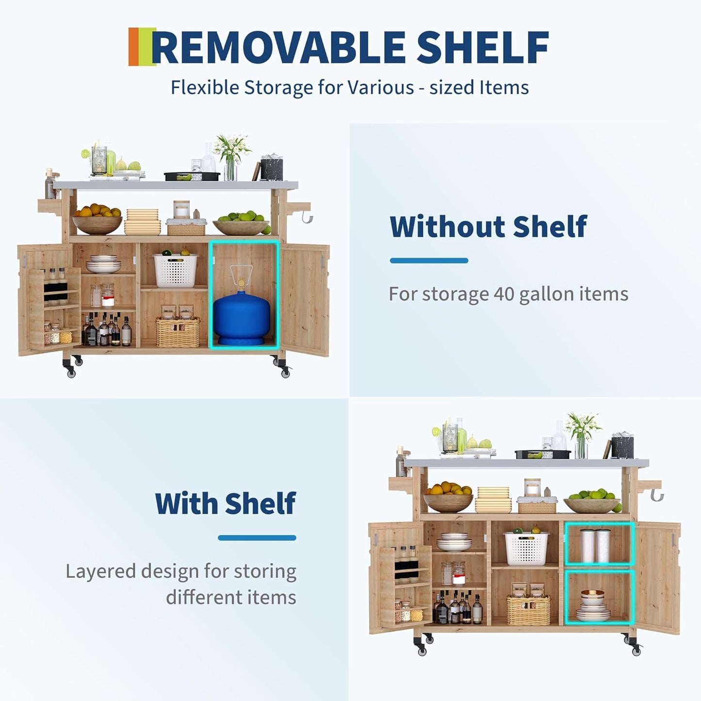 Outdoor Grill Cart with Storage Cabinet, Wood Outdoor Kitchen Island on Wheels, Grill Cart Table with Stainless Steel Table Top, Spice Rack, Towel Rack & Lockable Wheels for Kitchen,BBQ, Natural