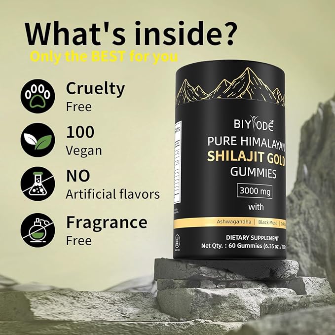 Pure Himalayan Shilajit Gummies: Rich in Ashwagandha, Gaulshura, Fulvic Acid, 85 Micronutrients. Suitable for Men. No Added Sugar. Non-GMO. 100% Natural Organic. 60 Gummies.