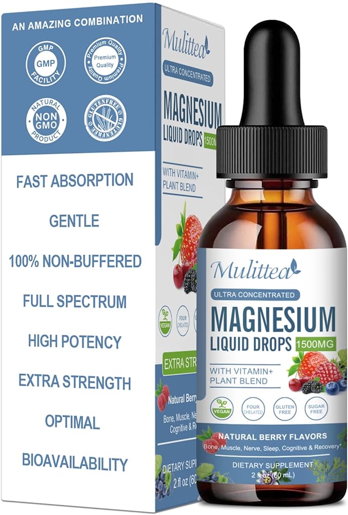 Magnesium Glycinate Liquid Drop - Triple Absorption Supplement to Support Nerves, Sleep, Calm, Heart, Muscles * -Sugar-Free with Potassium, L-Theanine, Sea Moss,Vitamin B,C,D3, K2-1Pack