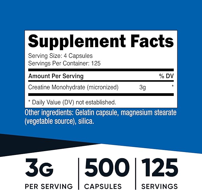 Nutricost Creatine Monohydrate 3000mg (750mg Per Cap), 500 Capsules (3 Bottles)