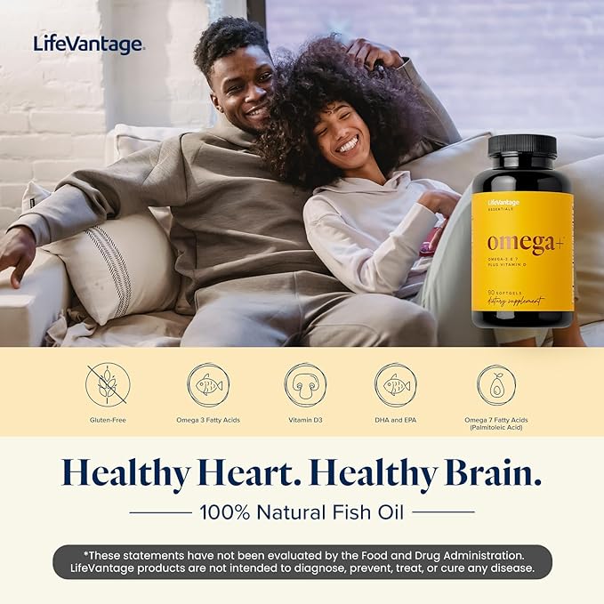 LifeVantage - Omega+ - Supplement 3-in-1 Blend of Omega-3 & 7, Vitamin D and for Brain, Cardiovascular, Skin Health and Immunity - 90 Softgels