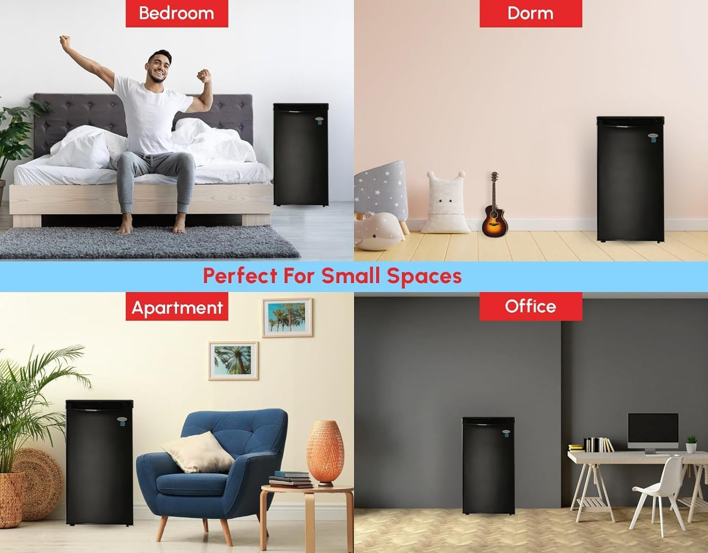 roomwell E-Star 3.3 Cu Ft Mini Fridge without Freezer - AUTO DEFROST, Reversible Single Door, Glass Shelf Refrigerator - A Space-Saving Marvel for Your Bedroom, Dorm, and Office