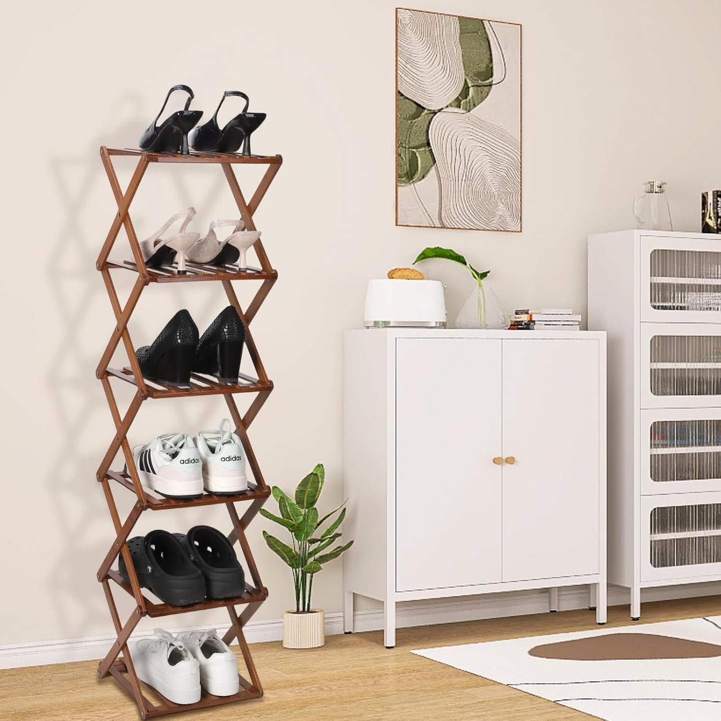 Bamboo Shoe Rack 6 Tier Foldable Shoe Rack Vertical Bamboo Shoe Organizer Free Standing Shelf for Entryway, Closet, Bedroom, Walnut Color