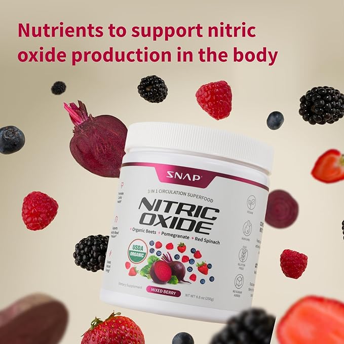 Snap Supplements Organic Beet Root Powder, Nitric Oxide Supplements for Men & Women, Beets, Pomegranate, B Vitamins & Red Spinach, Energy, Heart Health & Circulation Support, 30 Servings, Mixed Berry