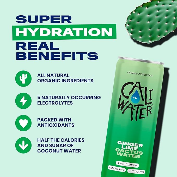 Caliwater - Organic Cactus Water - Ginger and Lime - 5g Sugar, 25 Calories - Coconut Water Alternative - Natural Plant Based Hydration - Skin Care, Electrolyte Drinks - Flavored Water - 12 Cans