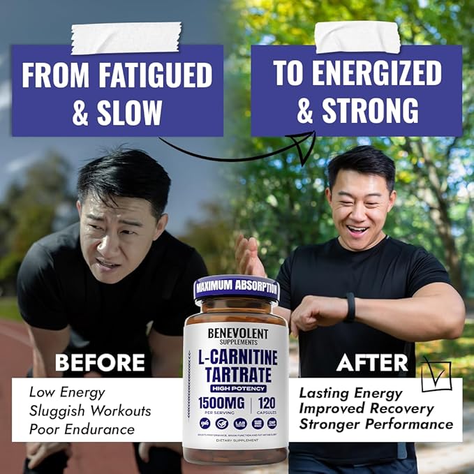 Benevolent L Carnitine Supplement - High Potency 1500mg L-Carnitine Tartrate - Fast Absorbing, Convert Fat to Energy, Support Lean Muscle, Boost Workout Performance & Metabolism – 120 Vegan Capsules