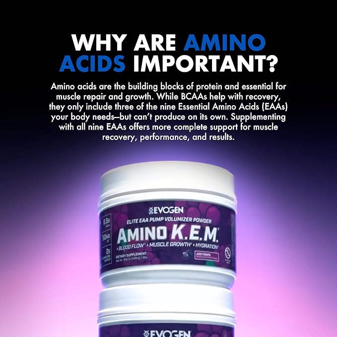 Evogen Amino K.E.M. - EAA & BCAA Powder Pump Volumizer | BCAAs Amino Acids Supplement for Blood Flow, Muscle Growth, & Hydration | Juicy Grape | 30 Servings