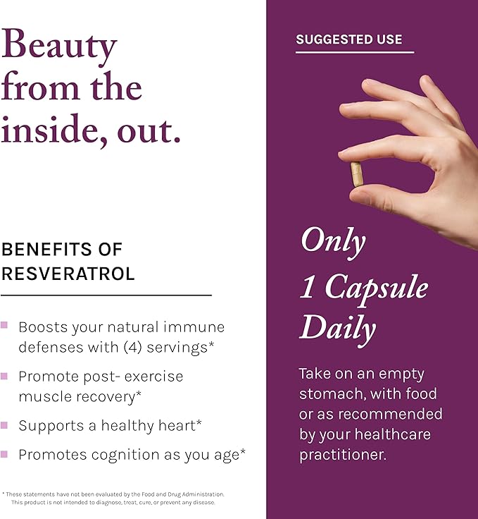 Reserveage Beauty, Resveratrol 250 mg, Antioxidant Supplement for Heart and Cellular Health, Supports Healthy Aging and Immune System, Paleo, Keto, 120 Capsules