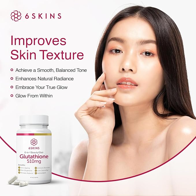 6SKINS®6in1 Beauty Elixir with Liposomal Glutathione 510mg | Glutathione Supplement 4X Better Absorption - Immune Support, Liver Detox, Powerful Antioxidant for Healthier Skin - 60 Capsules