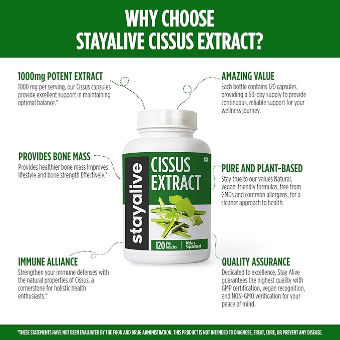 STAY ALIVE Cissus Quadrangularis Supplement 1000mg, 120 Pills, Pure Extract Powder with 40% Ketosterones, Non-GMO and Gluten-Free Cissus Extract Capsules for Men and Women