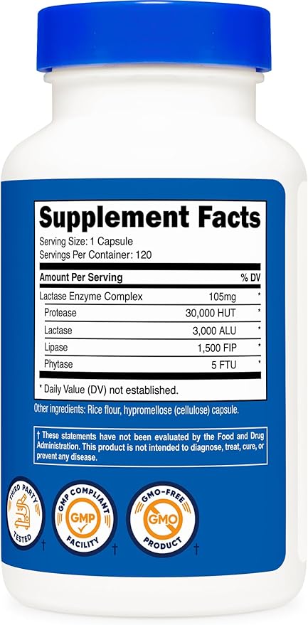 Nutricost Lactase Enzyme Complex 3,000 FCC ALU, 120 Vegetarian Capsules - Non-GMO, Gluten Free, 120 Servings