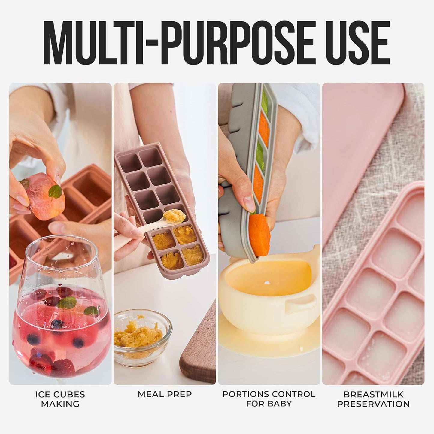 Silicone Ice Cube Freezer Tray with Lid, 100% Food-Grade Platinum Silicone,Leak Resistance & Dishwasher Safe for Baby Food Prep,Breast Milk,Purees - Korean Made (4 Sets 1 oz/6 Sections)