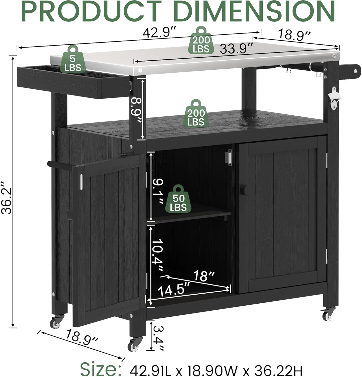 Weatherproof HIPS Outdoor Kitchen Island with Stainless Steel Top & Storage Cabinet, Movable Prep Table with Wheels for BBQ Food Prep, Outdoor Grill Cart for Parties, Black
