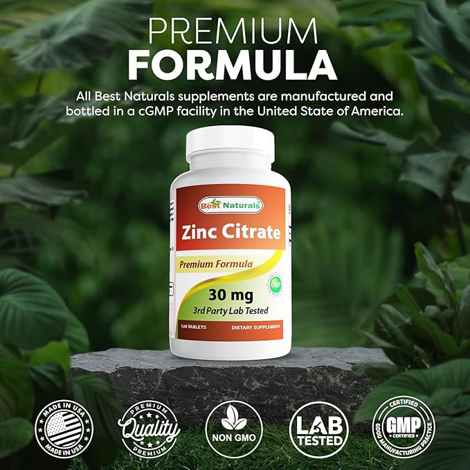 Best Naturals Zinc 30mg Supplements (as Zinc Citrate) - zinc Vitamins for Adults Immune Support - 120 Tablets (120 Count (Pack of 2))