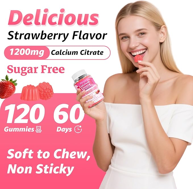 1200mg Calcium Citrate Gummies - Chewable Calcium Gummies for Bone, Muscle, Teeth, Immune Support, High Absorption Calcium Supplements for Women & Men Sugar Free Strawberry Flavor 120 Count