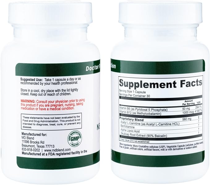 Neuropathy - Expert Formulated - Natural Blend for Optimal Nerve Wellness - Alpha Lipoic Acid, L-Carnitine, Vitamins B6 & B12, Skullcap Root, Acetyl L-Carnitine - 30 Capsules (1 Pack)