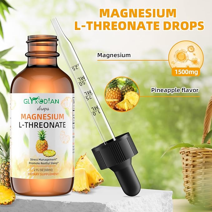 Magnesium L-Threonate Liquid Drops- Magnesium Glycinate Liquid, Support Mood Balance, Muscle, Energy, Sleep, Calm & Nerve, High Absorption, 2 FLOZ, Non-GMO, Suger-Free, Pineapple Flavor