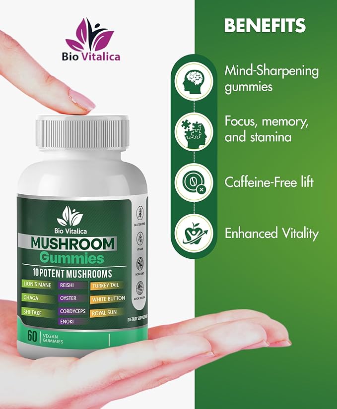 BIO VITALICA Mushroom Gummies - Lions Mane Gummies for Adults with 10 - Blend Mushrooms Complex Reishi, Chaga, Cordyceps, Turkey Tail, & More - Mushroom Supplement (1)