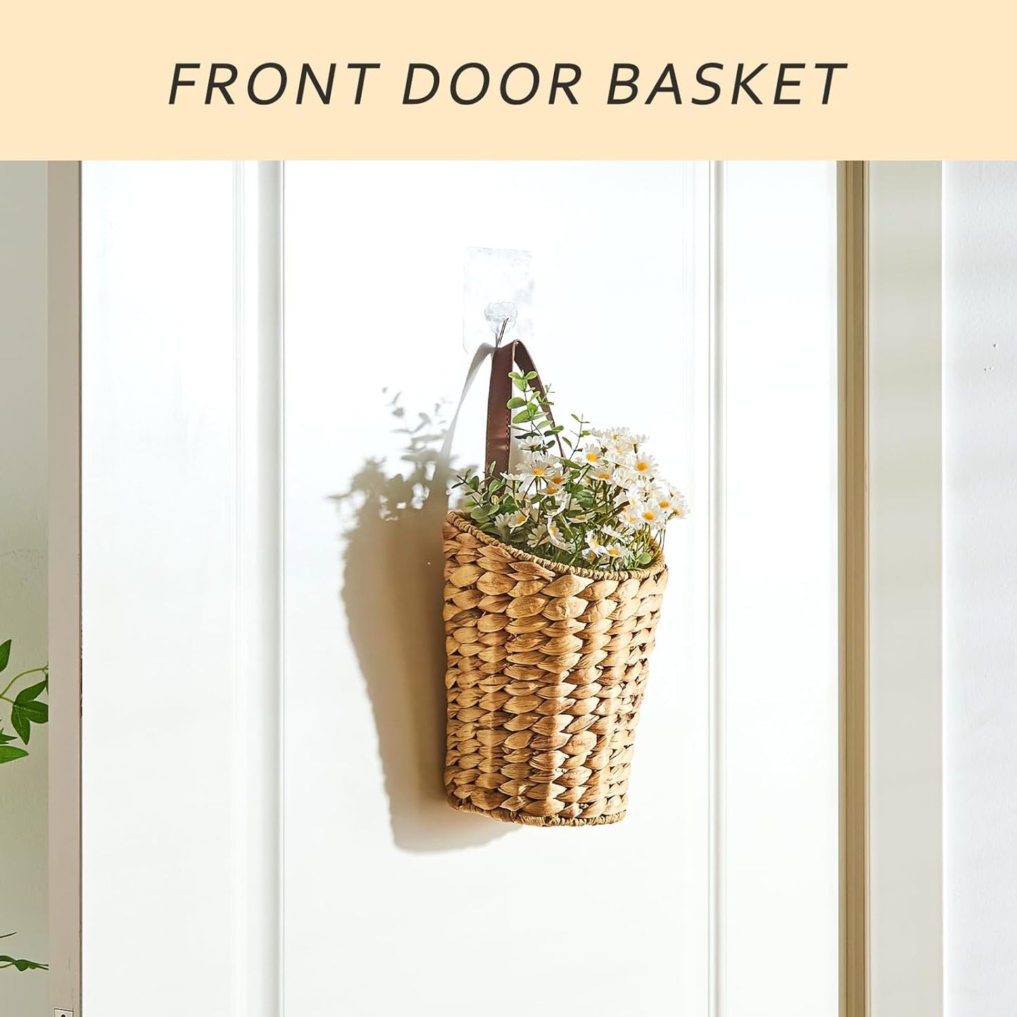 Handwoven Front Door Basket Water Hyacinth Wall Hanging Basket Decorative Boho Mounted Organizer for Dried Flower Plants Storage Basket for Garden, Home, and Farmhouse Décor