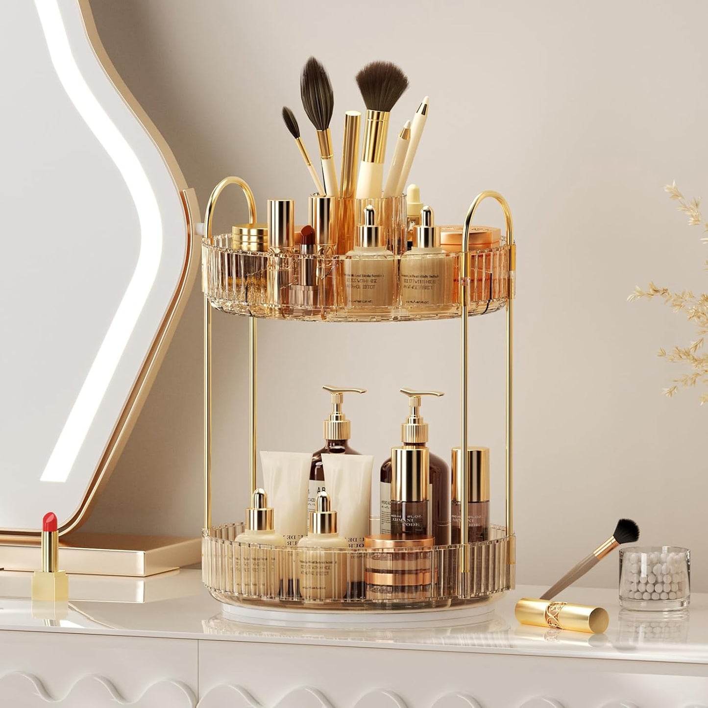 360° Rotating Makeup Organizer, Upgraded 2 Tier Skincare Perfume Organizers for Women, Bathroom Organizer Countertop, Clear Cosmetic Dresser Organizer with Makeup Brush Holder, Sink&Counter(Amber)