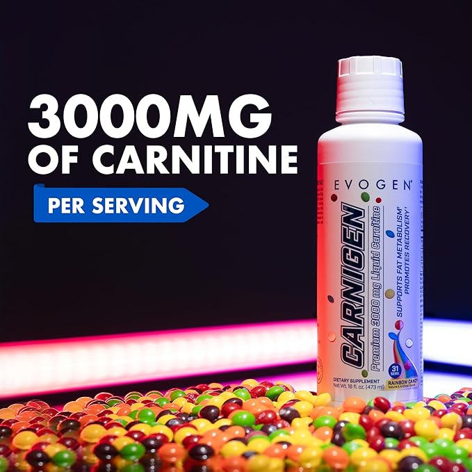 Evogen Carnigen Premium L Carnitine Liquid – L Carnitine 3000 Supplement | L Carnitine Supplement for Fat Metabolism & Recovery | Acetyl L-Carnitine | Caffeine Free | Rainbow Candy | 31 Servings