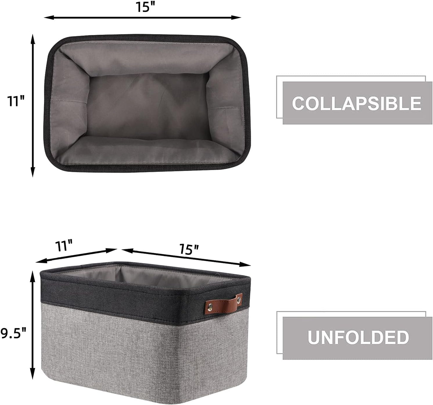 HNZIGE Storage Basket Bins(3 Pack) Large Collapsible Storage Baskets for Organizing Shelf Closet Bedroom, Perfect Storage Bin with Handles for Closet, Clothes, Toy?Black & Gray, 15" x 11" x 9.5")