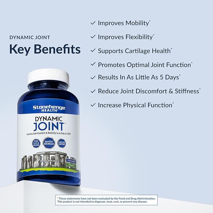 Stonehenge Health Dynamic Joint Health Supplement – Fast-Acting Support with AprèsFlex® Boswellia, MSM, Multi-Type Collagen, Turmeric, Bromelain, Vitamins C & D3 – Supports Joint Comfort – 60 Capsules