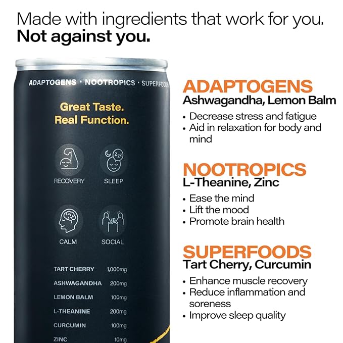 Peak Cocktails Non-Alcoholic Cocktail | Mixologist-made | Adaptogens, Nootropics, Superfoods for Recovery, Calm, Sleep | Ashwagandha, Tart Cherry, L-Theanine | Passion Fruit Margarita | 8.4oz, 12-Pack