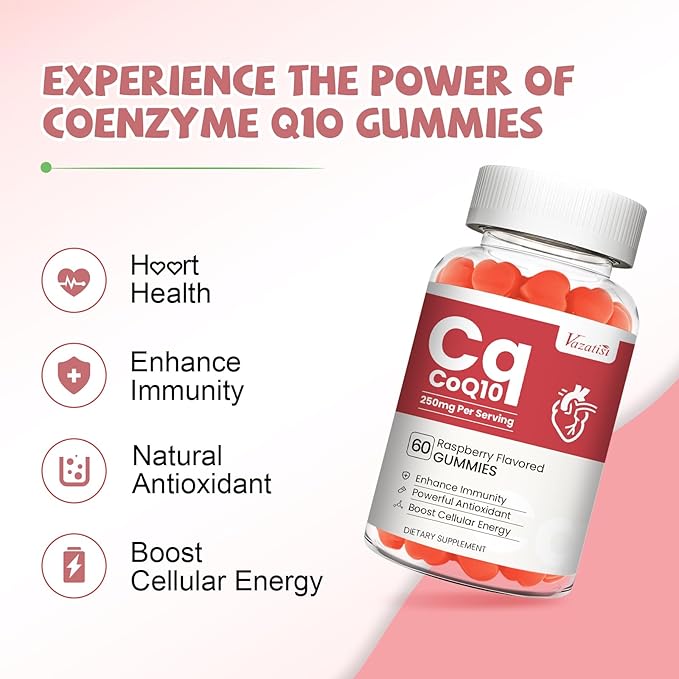 High Absorption CoQ10 Gummies 250 mg, Plus Omega-3, Vitamin B3 for Cellular Energy, Brain & Antioxidant, 5X Better Absorption Coenzyme Q10 Supplement, Raspberry Flavored - 60 Cts