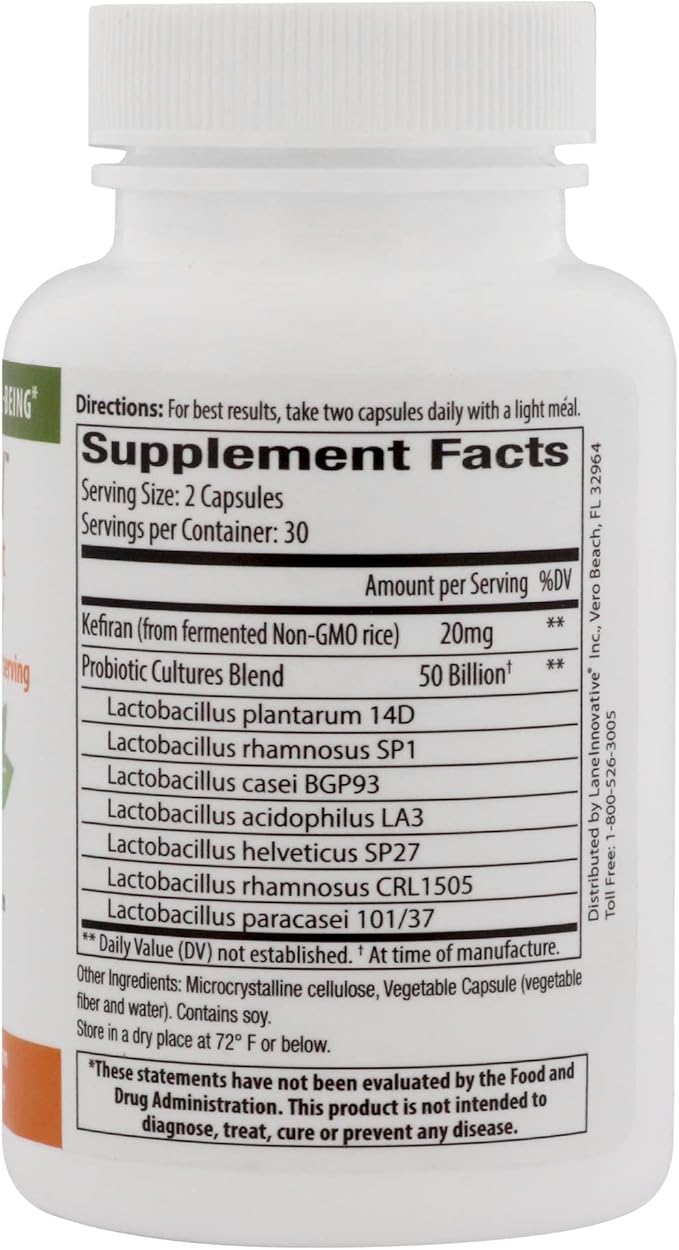 Lane Innovative - Kefiran, Vegetable Capsules, Kefir Nutrient + 50 Billion Active Probiotic Cultures, Supports Optimal Digestive Health, Gluten-Free (30 Servings)