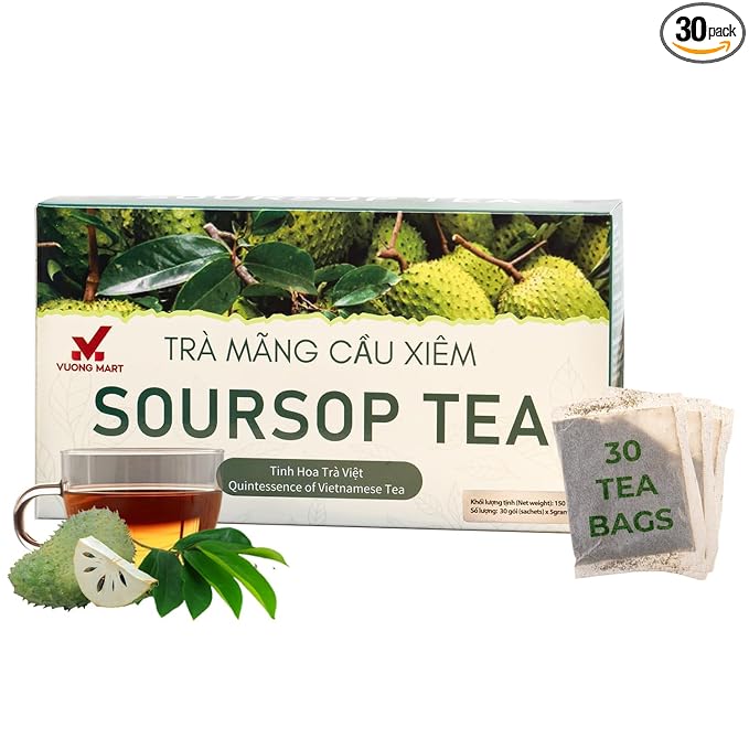 VUONGMART Dried Soursop Leaf Tea, 100% Pure & Hand Pick, Organic Herbal Tea, 30 Count, Gluten Free, Dairy Free, No Sugar Added, Energy Boost & Health Support