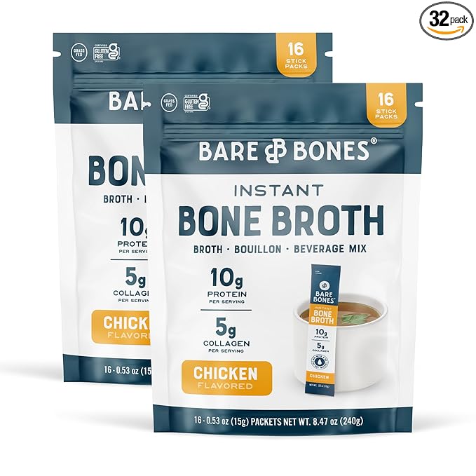 Bare Bones Chicken Bone Broth Instant Powdered Mix | Rich Savory Packets on-the-Go No Artificial Flavors | Keto & Paleo Friendly | 10g Protein | 32 Pack