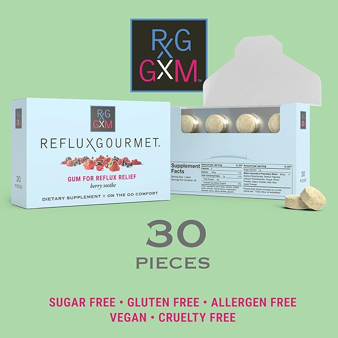 Reflux Gourmet Berry Soothe Gum Alginate Therapy Sodium Bicarbonate Gum for Acid Reflux, Oral, Cognitive, and Digestive Support, Natural with Ginger, Celeriac and Aloe, Sugar Free, Gluten Free, Vegan