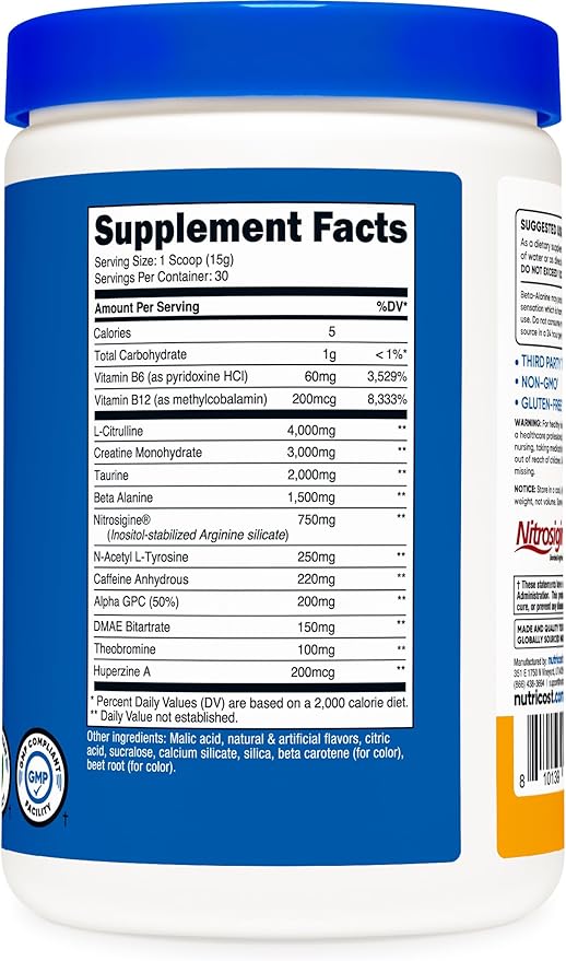 Nutricost Pre-C Pre-Workout Complex with Creatine (Peach Mango | 30 Servings) Powder - Boost Fintess Routines, 450g