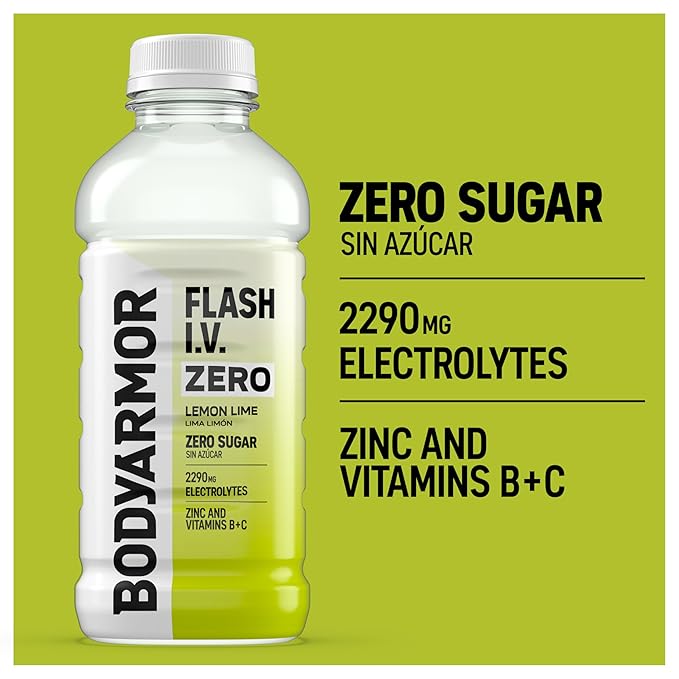 BODYARMOR Flash I.V. Zero Sugar Electrolyte Beverage, Lemon Lime, Hydration Drink For Rapid Rehydration, Post Workout Recovery, 20 Fl Oz (Pack of 12)