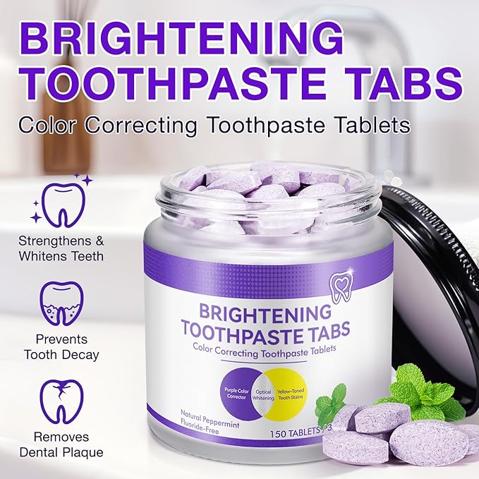 150 Pcs Purple Toothpaste Tablets with Nano Hydroxyapatite for Teeth Whitening, Fresh Breath, Enamel-Safe and Remineralizing Tablets with Coconut Oil, Peppermint, Travel Friendly