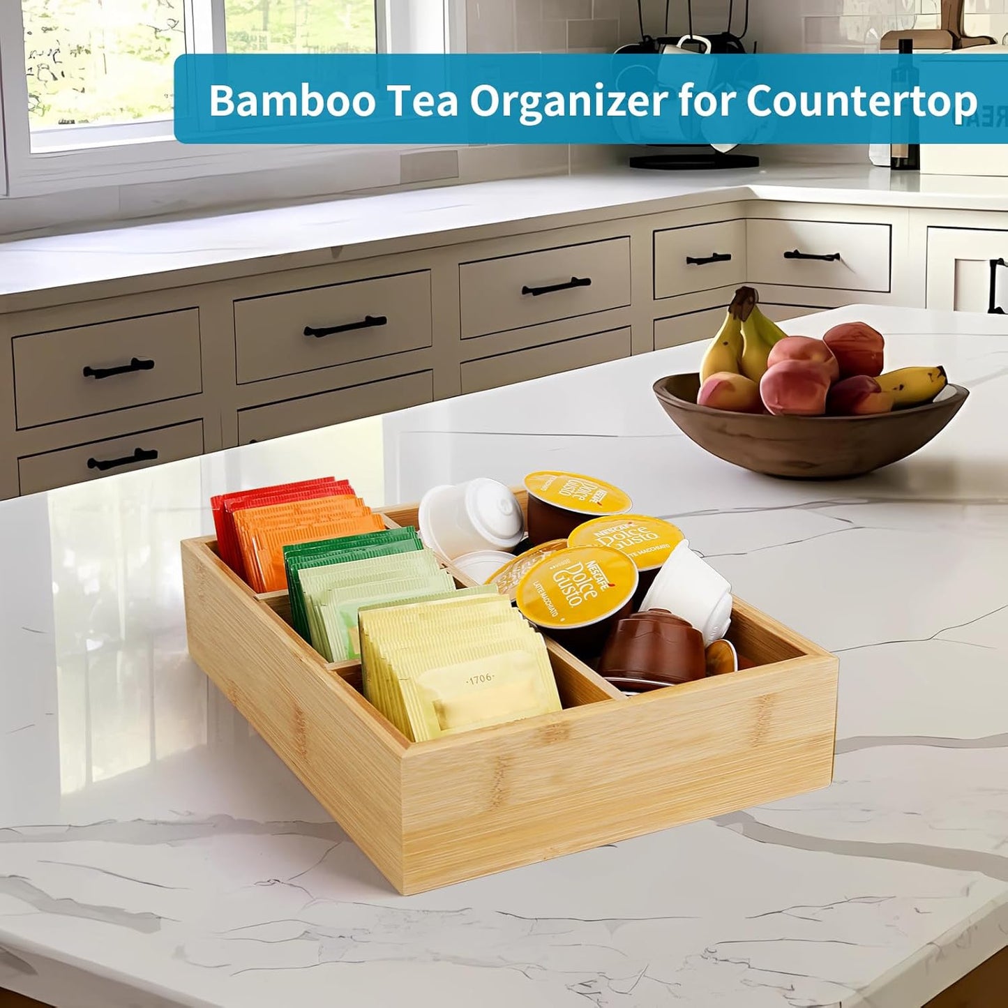 Tea Bag/Sugar Packet Holder,Coffee Station Condiment Organizer,Bamboo Tea Organizer,Large 4-Compartment Organizer Tray for Drawer/Shelf/Countertop(10.2 x 7.9 x 2.4 inch)