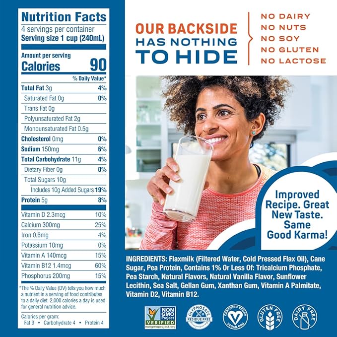 Good Karma Vanilla Flaxmilk +Protein, 32 Ounce (Pack of 6), 5g Plant Protein + 1200mg Omega-3 Per Serving, Plant-Based Non-Dairy Milk Alternative, Lactose Free, Nut Free, Vegan, Shelf Stable