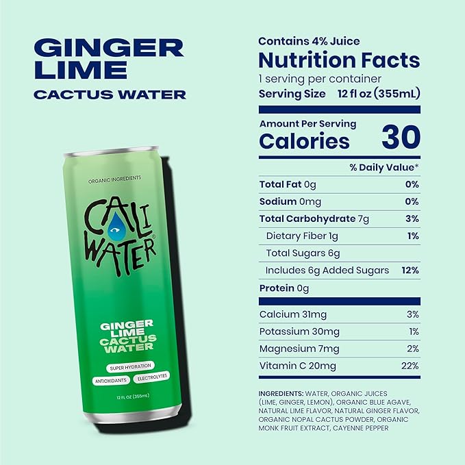 Caliwater - Organic Cactus Water - Ginger and Lime - 5g Sugar, 25 Calories - Coconut Water Alternative - Natural Plant Based Hydration - Skin Care, Electrolyte Drinks - Flavored Water - 12 Cans