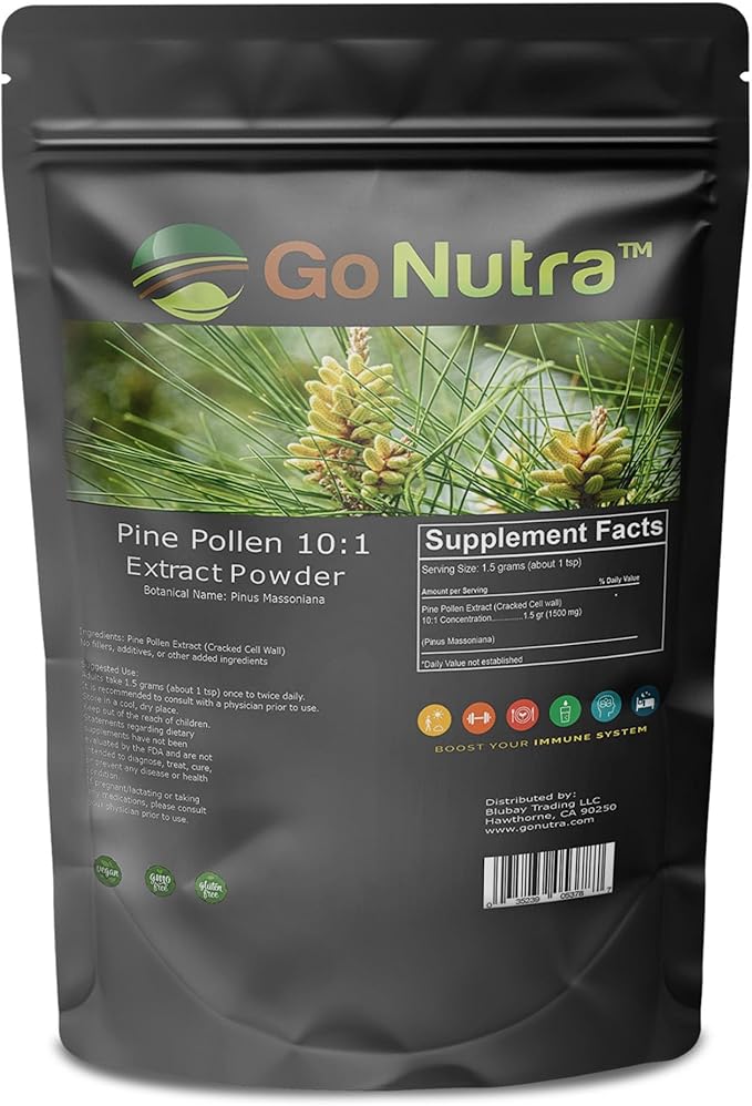 Go Nutra - Pine Pollen Powder, Potent 10:1 Pine Pollen Powder from Masson Pine Trees, Pure Powdered Pine Pollen for Tea, Coffee, Juice, Smoothies, and More, Non-GMO, Vegan, 8 oz