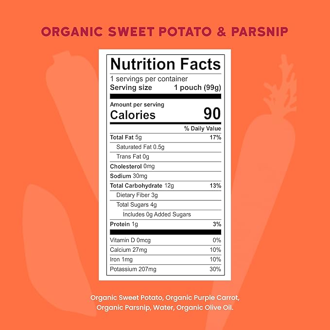 Serenity Kids 6+ Months Organic Veggie Puree Baby Food Pouches - No Added Sugar & Allergen Free - BPA-Free Baby Snacks & Toddler Food with Sweet Potato & Parsnip - 3.5 Oz, 12 Pack