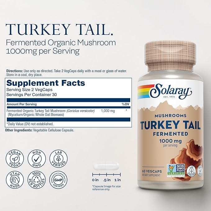 SOLARAY Fermented Turkey Tail Mushroom Supplement 1000mg - Overall Wellness Support - Turkey Tail Mushroom Capsules with Organic Mushrooms - Vegan, Non-GMO, Lab Verified, 60-Day Guarantee, 30 Servings