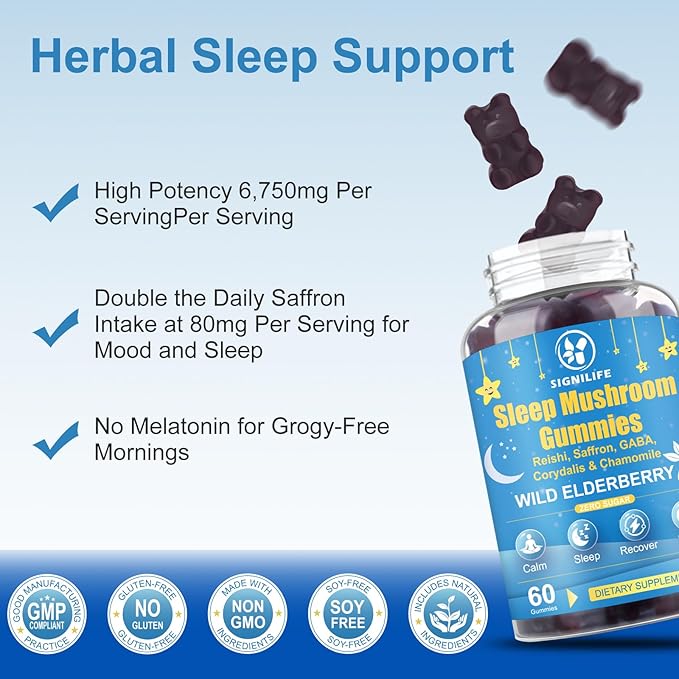 Sleep Mushroom Gummies with Reishi & Lions Mane -Natural Sleep Aid & Relaxation Supplement, Wild Elderberry Flavor, Non-GMO, No Sugar, 120 Count