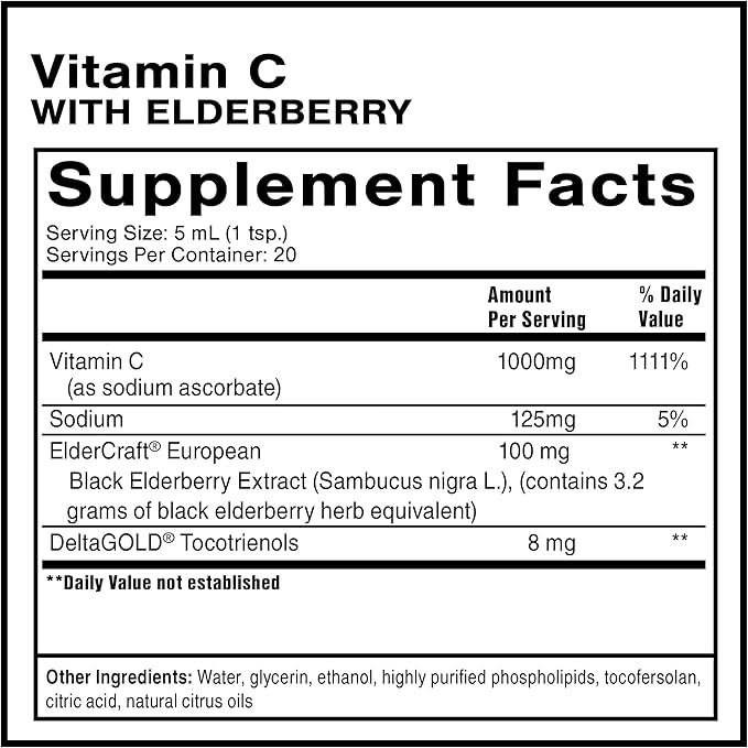 Quicksilver Scientific Liposomal Vitamin C + Elderberry - Liposomal Vitamin C 1000mg with Superior Absorption Technology & Tocotrienols - Antioxidant & Immune Support Tonic (100ml)