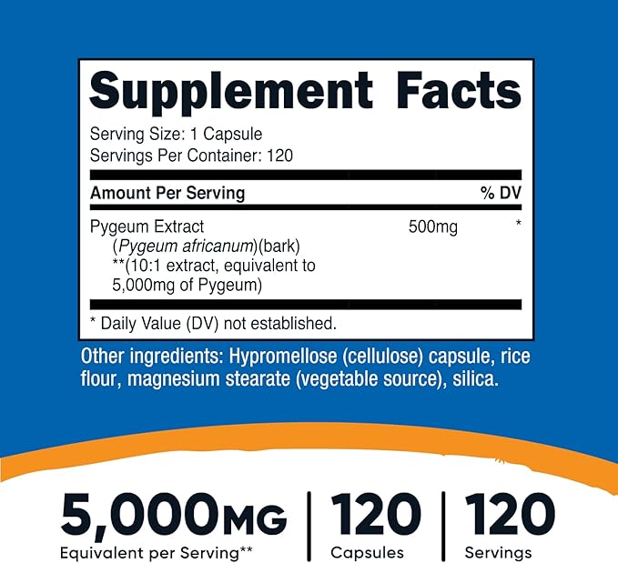 Nutricost Pygeum Extract 5000mg Equivalent, 120 Capsules (from 500mg of 10:1 Extract) - Veggie Capsules, Non-GMO, Gluten Free, Vegetarian Friendly