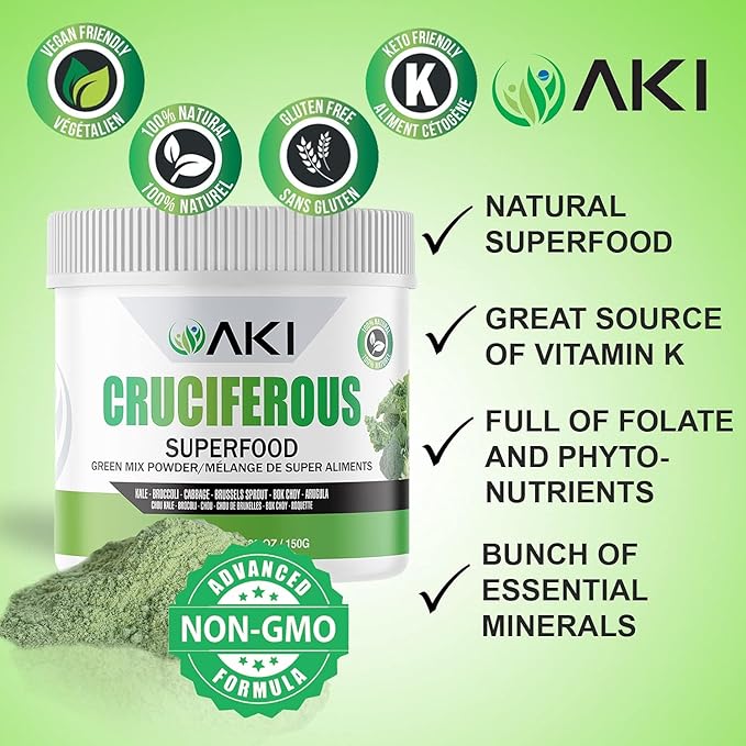 AKI Cruciferous Superfood Green Mix Powder - Made from Kale, Broccoli, Brussels Sprouts, Cabbage - Packed with Essential Phytonutrients & Vitamins ((5.3oz/150g))