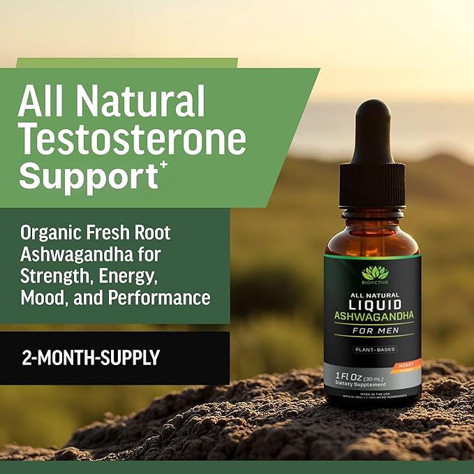 BIOACTIVE Liquid Ashwagandha Drops - Testosterone Health Supplement* - Adaptogen for Stress Support, Men’s Wellness - Organic, Vegetarian, Gluten Free, Non-GMO, 59 Servings (1 Oz, Honey)
