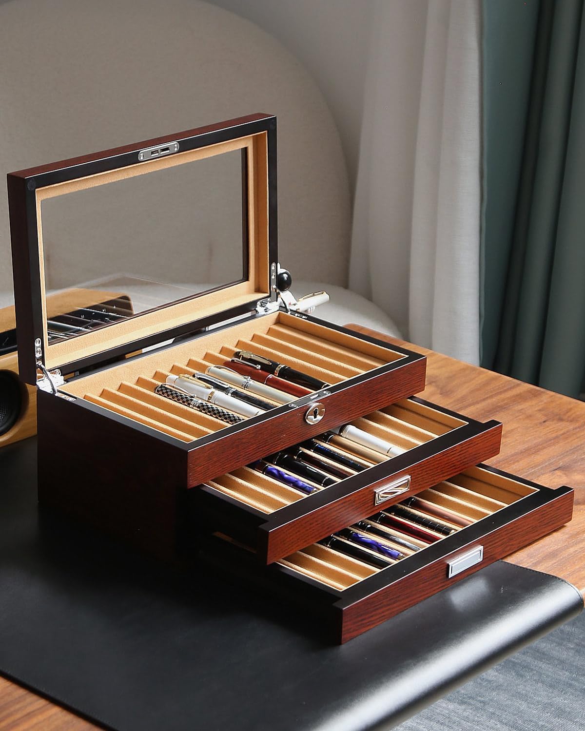 Wood Pen Display case 36 Slot Fountain Pen Box Storage Organizer with Drawer, Top Glass Window Pen Collection Display Case