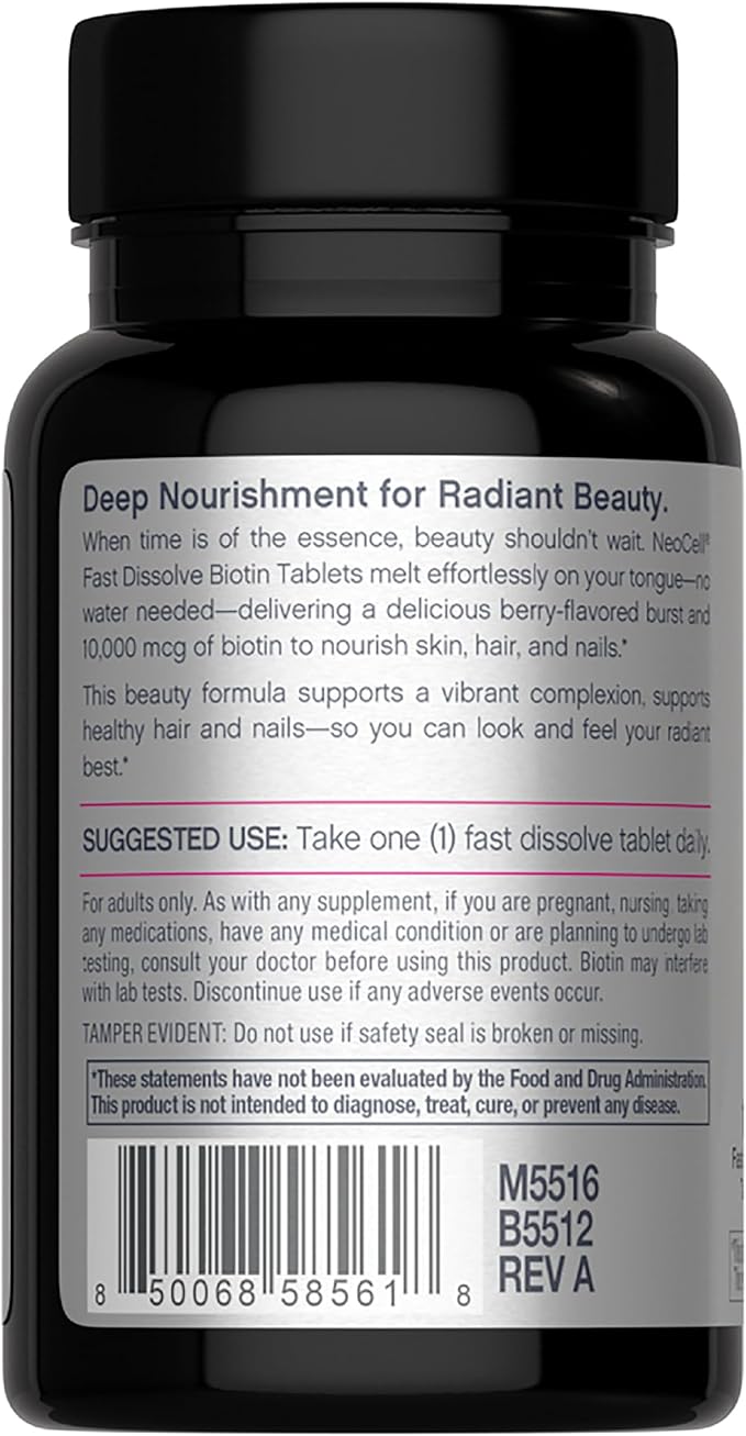 NeoCell Biotin 10000mcg Fast Dissolve Tablets | 180 Count | for Women and Men | Berry Flavor Supplement | Hair, Skin, and Nails
